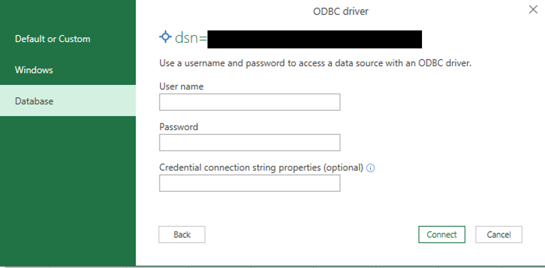 Enter the username and password for your ODBC connection